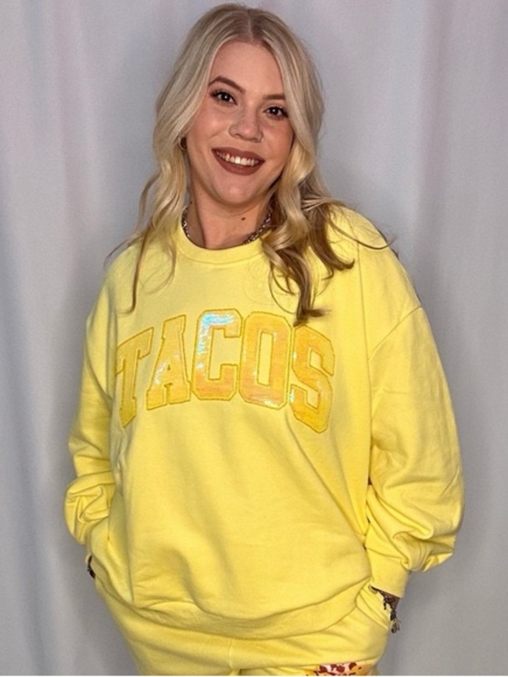 Queen of Sparkles “TACOS” Sequin Sweatshirt – Yellow – Size Medium